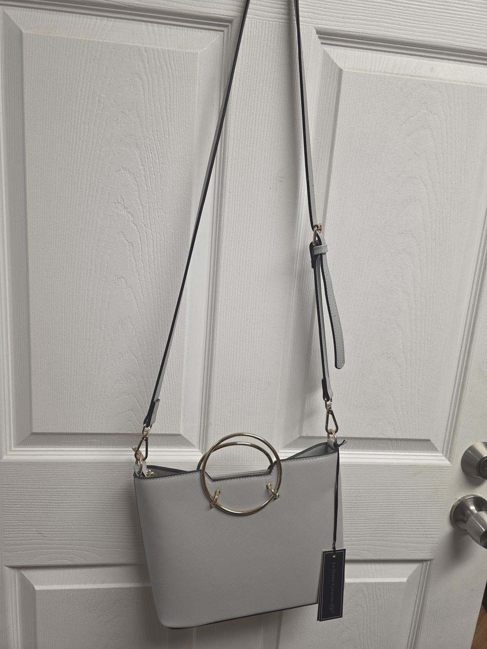 La Terre Gray Crossbody Bag with Gold Ring Handle